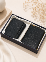 Black Leather Wallet - Croco Texture Couple Set